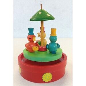 Vintage Music Box Rotating Wooden Birds and Mushroom Senpo Japan Do-Re-Mi